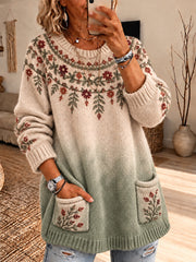 Femme Retro Country Style Floral Art Dégradé Pull