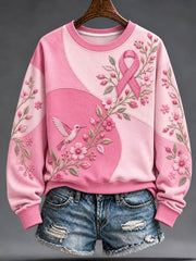 Sweat-shirt classique avec fleurs et ruban rose du cancer du sein pour femmes