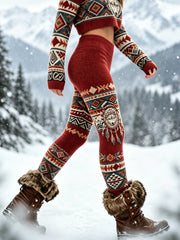 Vintage Viking Wolf Head Aztec velours épais Leggings pour femmes