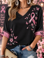 T-shirt rose à manches mi-longues et col en V, motif artistique sur le cancer du sein chez la femme