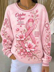Sweat-shirt décontracté à imprimé floral pour femmes French Breast Cancer