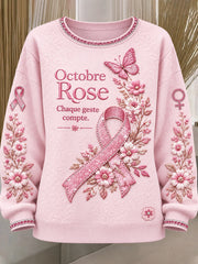 Sweatshirt Décontracté Femme Rose Français Cancer Du Sein Imprimé Floral