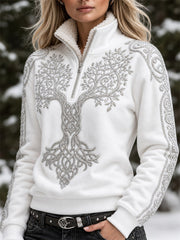 Pull zippé vintage pour femme, motif arbre de vie viking et nœud celtique, col en fausse fourrure douillette