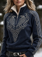 Vintage Viking Ravens noeud celtique Imprimer confortable col en fourrure des femmes Zip Up Pullover