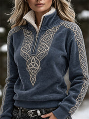 Les femmes Vintage Viking noeud celtique Imprimer confortable col de fourrure Zip Up Pull