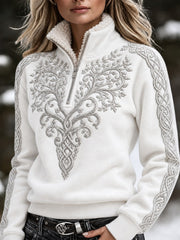 Pull zippé vintage pour femme, motif arbre de vie viking et nœud celtique, col en fausse fourrure douillette
