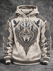 Sweat à capuche décontracté imprimé tête de loup rétro style viking pour hommes