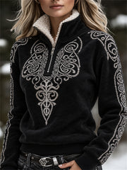 Pull zippé vintage pour femme à col en fausse fourrure, motif nœud celtique viking