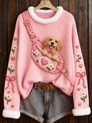 Pull à col rond imprimé Golden Retriever rose pour la sensibilisation au cancer du sein chez les femmes