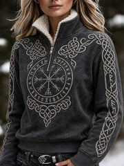 Vintage Viking Vegvisir celtique noeud imprimé confortable col en fourrure Zip Up Pullover des femmes