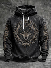 Sweat à capuche décontracté pour homme, imprimé tête de loup style viking rétro