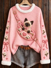 Pull à col rond rose avec imprimé de chat siamois, en soutien à la sensibilisation au cancer du sein chez les femmes