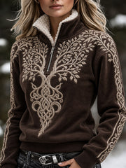 Vintage Viking arbre de vie des femmes noeud celtique impression confortable col de fourrure Zip Up Pull