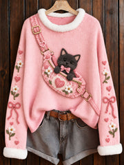Pull à col rond rose pour la sensibilisation au cancer du sein, motif siamois avec chat noir