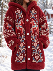 Manteau mi-long en molleton à imprimé héritage folklorique Dalarna pour femme