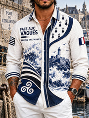 Chemise décontractée à manches longues pour homme, en blanc cassé, imprimé marin français