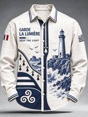 Chemise décontractée à manches longues pour homme, imprimé patchwork blanc cassé et breton français