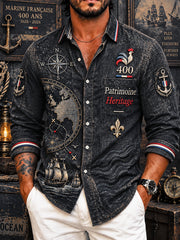 Chemise décontractée à manches longues pour homme, noire, imprimé anniversaire du 400e de la Marine française