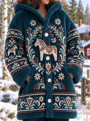 Manteau mi-long en polaire pour femme, imprimé traditionnel de Dalécarlie, en polyester