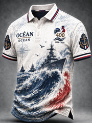 Polo décontracté pour homme, blanc et bleu marine, imprimé nautique, édition du 400e anniversaire