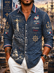 Chemise décontractée à manches longues pour homme, bleu marine profond, imprimé anniversaire du 400e de la Marine française