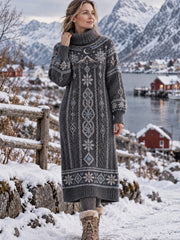 Robe Femme Classique Nordique Motif Tressé Col Haut
