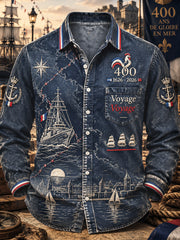 Chemise décontractée à manches longues pour homme, imprimé vintage bleu marine commémorant le 400e anniversaire