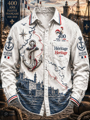 Chemise décontractée à manches longues pour homme, style vintage, blanche, imprimé français marine, édition du 400e anniversaire