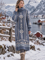 Robe Femme Nordique Imprimé Flocon De Neige Artistique À Col Haut