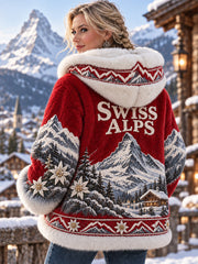 Sweat à capuche décontracté en flanelle pour femme, imprimé d’art suisse vintage