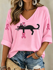 T-shirt à col en V imprimé de sensibilisation au cancer du sein pour femmes