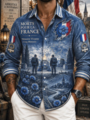 Chemise décontractée à imprimé bleu foncé French Armistice Day pour homme