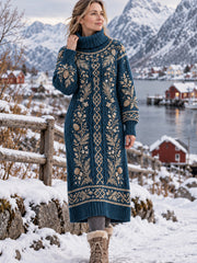 Robe à col haut rétro à imprimé botanique de la forêt nordique pour femmes