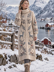 Retro Nordic Moose et Floral Print Artistic High-Neck Robe Femme