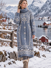 Robe Femme Rétro Nordique Imprimé Flocon De Neige à Col Haut