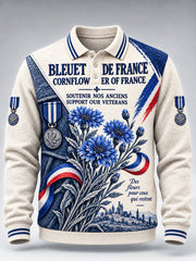 Polo à manches longues décontracté pour homme blanc à motif patchwork, style français, jour de l'Armistice