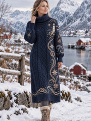 Robe Femme Retro Nordic Coastal Art à Col Haut