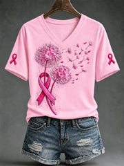 T-shirt à col en V imprimé de sensibilisation au cancer du sein pour femmes