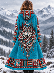 Veste vintage en flanelle épaisse pour femme, motif tête de loup viking et motifs aztèques