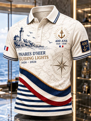 Polo décontracté pour homme, imprimé patchwork à rayures écru et bleu marine, édition du 400e anniversaire