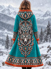 Veste vintage en flanelle épaisse pour femme, motif tête de loup viking et motifs aztèques