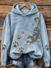 Sweat à capuche confortable pour femme, style vintage, motif mignon de chat et empreintes de pattes