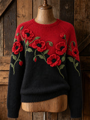 Pull col rond pour femme, élégant, à imprimé floral Papaveraceae aux couleurs contrastées