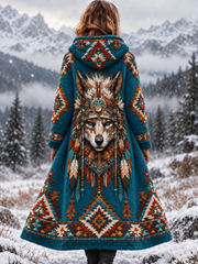 Veste vintage en flanelle épaisse pour femme, motif tête de loup viking et motifs aztèques