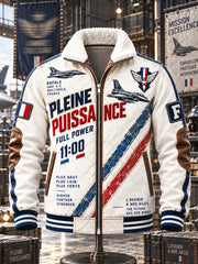 Veste zippée décontractée pour homme en patchwork de laine d’agneau, imprimé d’un avion de chasse Rafale de l’armée de l’air française, couleur blanche