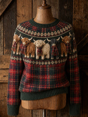 Femmes Vintage Highland Cows Yoke & Scotland Tartan Print ras du cou pull