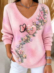 Femmes Sensibilisation au cancer du sein Floral Gradient Imprimer Casual V-cou Pull