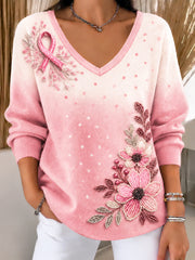 Femmes Sensibilisation au cancer du sein Floral Polka Dot Gradient Imprimer Casual V-cou Pull