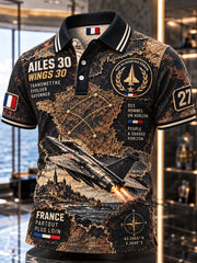 Polo décontracté vintage pour homme, imprimé avion de chasse Rafale de l’Armée de l’air française