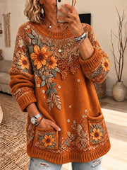 Retro Artistic Floral Patchwork Crew-Neck Pullover Femme